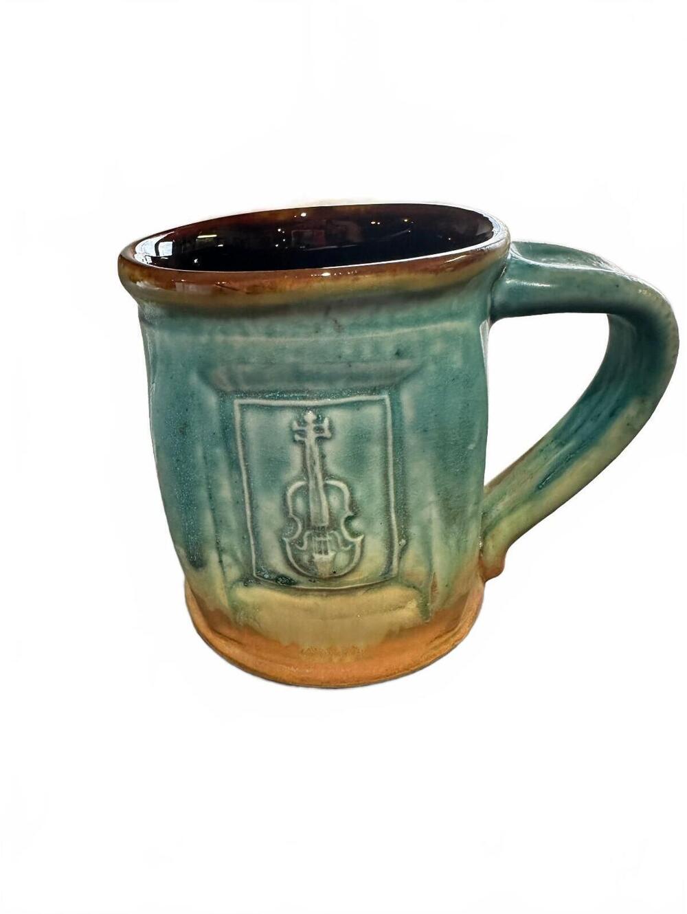 Studio Pottery Violin Mug Signed Green Brown 4"